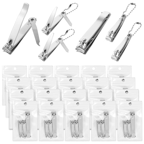 60 Pcs Nail Clippers Set Bulk Stainless Steel Fingernail and Toenail Clippers Large and Small Individually Wrapped Nail Cutters Bulk with File & Chain for Homeless Travel Hotel Home