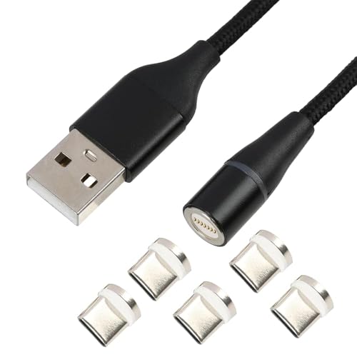 Câble de Charge Magnétique USB-C Noir 1 mètre – chargeur magnétique et Synchronisation Rapide avec 5 Connecteurs USB-C Amovibles – Câble en Nylon...