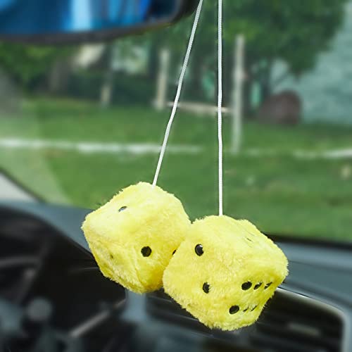 Image of 2.95'' Retro Fuzzy Plush Dice Car Charm Square Plush Dice Car Rear View Mirror Hanging Ornament Vehicle Mirror Hanging Accessories, Yellow