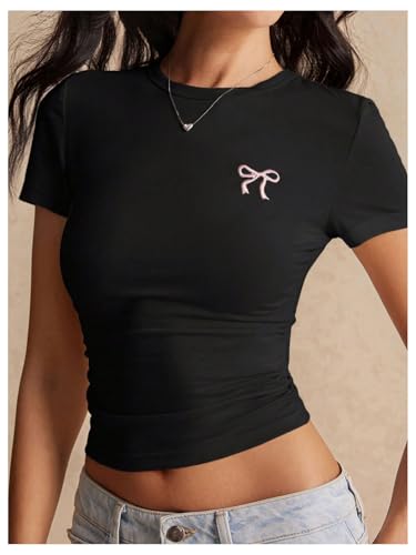 SOLY HUX Women's Crop Tops Y2K Short Sleeve Shirts Cute Bow Embroidery Tee Shirts Summer Tops2