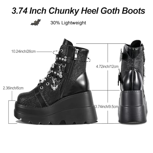 Goth Chunky Ankle Boots for Women - Bat Buckle DIY Platform,Zip Round Toe Lace Up Combat Bootie, Wedge Rave Boots Black Punk Shoes - Light Weight & Waterproof3