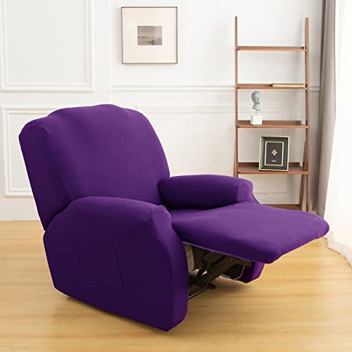 Stretch Recliner Chair Cover,4-Pieces Sofa Cover Slipcover Couch Covers,Armchair Cover Non-Slip Furniture Protector,Elastic Spandex Soft Recliner Chair Protector with Side Pocket(1 Seater Purple) - Image 3