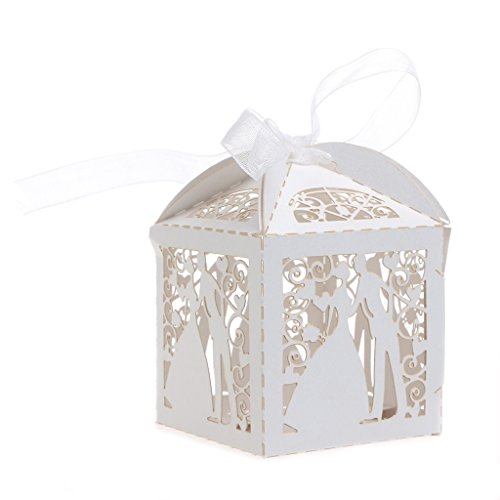 Itemap Bride Groom Laser Cut Candy Boxes Ribbon Wedding Engagement Party (Ice White)