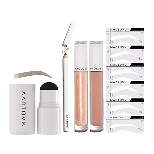 Madluvv Patented 1-Step Eyebrow Stamp Stencil Kit + Rich Lip Nude Pink Lip Kit Bundle (Soft Brown) #TOP8