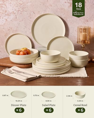 Image of Famiware Milkyway Stoneware Dinnerware Set, 18-Piece, Plates and Bowls for Everyday & Formal Dining, Service for 6, Microwave and Dishwasher Safe, Scratch-Resistant, Almond Milk