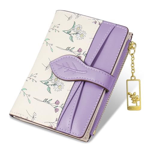 Lapensa Wallets for Women- RFID Blocking- Soft PU Leather Bifold Coin Zipper Pocket Purse-Small flower wallet Credit Card Holder with ID Window (Purple)