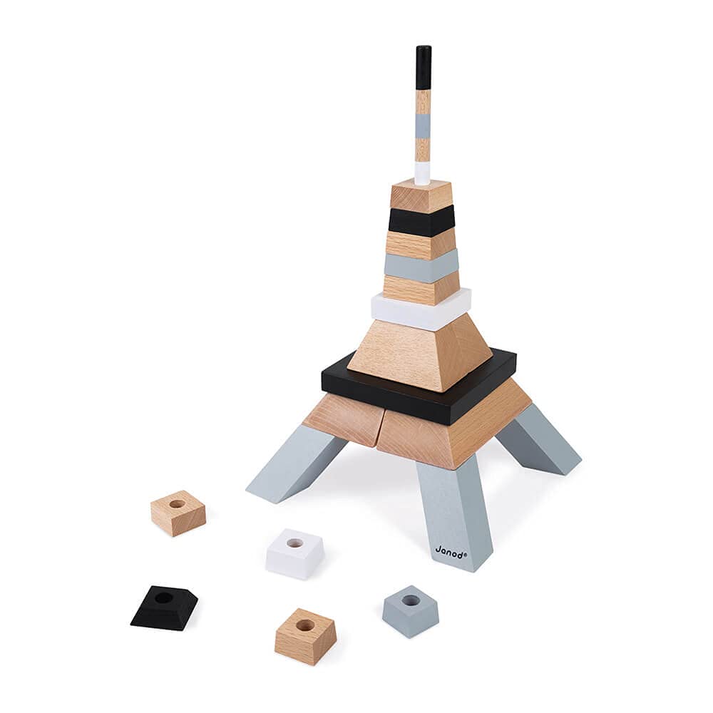 Janod - 21-Piece Buildable Wooden Eiffel Tower - Building Game - Fine Motor Skills and Concentration - Solid Beech Wood - FSC Certified - Water-Based Paint - From 6 years old, J08303