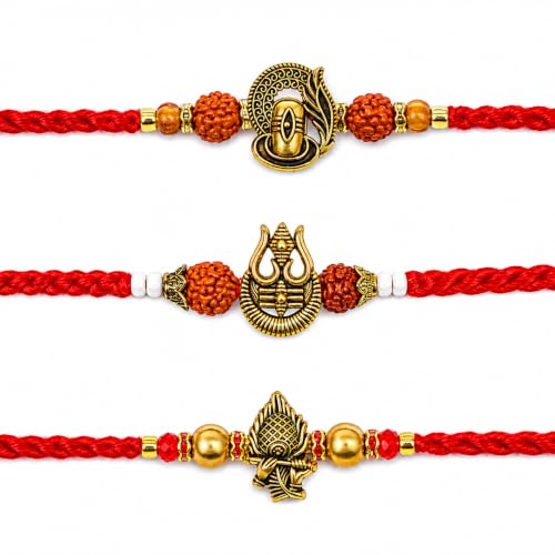 Image of Premium Set of 3 Rakhi for Brother with Greeting Card | Raksha Bandhan Trishul Design Rakhee Thread | Shivling & Ganesha Rakhi Gift Set for Brother, Bhaiya & Bhabhi | Traditional Designer Rakhi Combo
