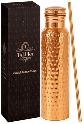Image of Taluka 100% Real Pure Copper Water Bottle For Drinking 34 OZ /1000 ML Hammered Copper Bottle With Straw Handcrafted Leak Proof Design Ayurveda Health Benefits For Yoga Office Travel Gym