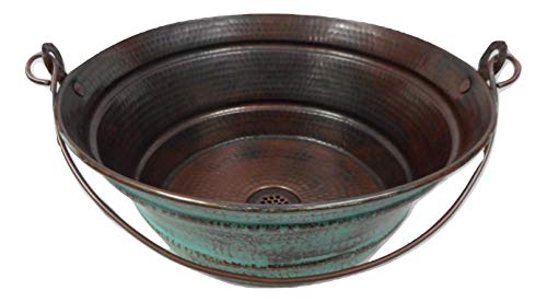 Simplycopper 15" Round Vintage Look Copper Bucket Vessel Sink With Green Patina With Drain And 13" Orb Claymore Vessel Filler Faucet #TOP2
