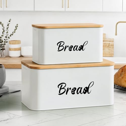 Metal Bread Box Set of 2 with Bamboo Lid, Modern Bread Storage Containers with Air Vents, Bamboo Cutting Board Lid, Farmhouse Kitchen Decor Organizer for Countertop, 2-Size (Large & Small)White