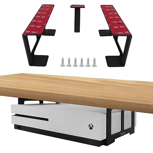 Chanvoo No Drill Aluminum Universal Under Desk Mount Holder for Xbox Series S, Xbox One S/X, Xbox 360, PS4 Slim/Pro, Desktop Mini PC with Adhesive (Black)