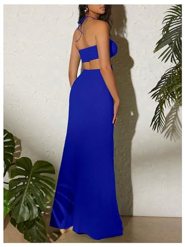 Image of MakeMeChic Women's Sleeveless Criss Cross Halter Dress Cut Out High Waisted Split Thigh Maxi Sundress Royal Blue Medium