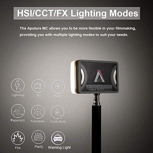 Aputure MC RGBWW On Camera Video Light, CRI/TLCI 96+, Temperature 3200K-6500K, HSI Mode,Support Magnetic Attraction and App with USB-C PD and Wireless Charging