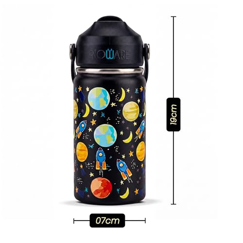 Image of Rioware water bottle for Kids girls boys School Insulated Stainless Steel 350ml Upto 12 Years | Double Wall Vacuum | 24 Hrs Cold & 12 Hrs Hot | Leakproof Flip Top with Straw | Carry Loop - Black