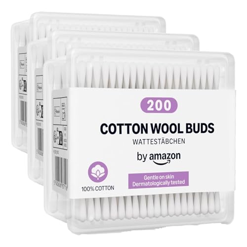 by Amazon Bastoncillos de algodón, 100% algodón, 200 unidades (Paquete de 3)