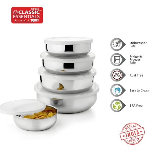 Image of CLASSIC ESSENTIALS Steel Fridge container - 350 ml, 500 ml, 750 ml, 1200 ml, 1600 ml Steel Fridge Container (Pack of 5, Silver)