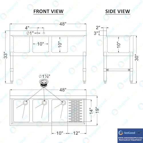 Image of AmGood 48 in. x 18-3 /4 in. Three Compartment Under Bar Sink with Right Drainboard. 48 in. x 18-3 /4 in. x 30 in. with 3 in. Backsplash, 10 in. x 14 in. x 10 in. Bowls. NSF