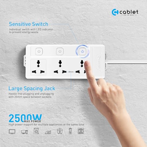 Image of Cablet Extension Board 3 Meter Cable, 2500W 10A, 3 Universal Multi Plug Socket, 3 Individual Switches, 3 Mtr Heavy Duty Cord, LED Indicator, Power Strip for Home Appliances