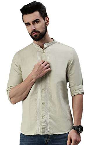 Image of SHOWOFFFF Men Solid Casual Shirt | Mandarin Collar Full Sleeves Cotton Shirt for Mens | Slim Fit Regular Length Shirt for Men's