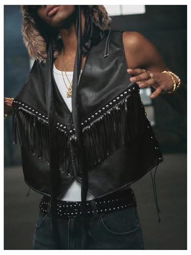 Men's PU Leather Outerwear Vest Y2k Studded Tassel Deep V Neck Western Jacket3