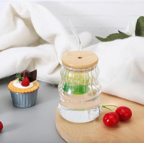 Image of SUANI Wave Shape Glass Tumbler with Lid and Straw, 500ml Transparent Drinking Glass Cup for Iced Coffee, Cold Coffee, Juice, Smoothies, Milk, Tea and Beverages, Tumbler Glass, Pack of 2