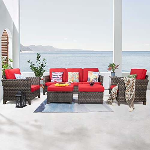 Joyside Patio Furniture Set 5-Piece Wicker Outdoor Furniture Conversational Sets With 3-Seat Sofa, 2 Armchairs, 2 Ottoman Patio Rattan Wicker Sectional Sofa Set With Waterproof Cover, Red #TOP6
