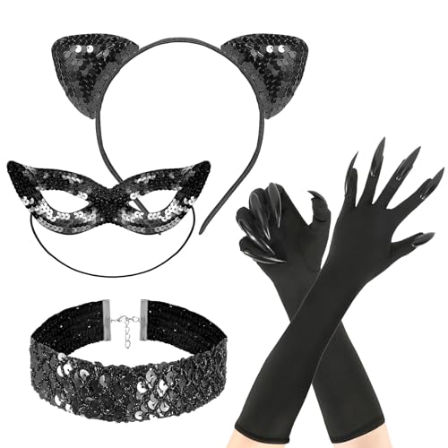 4Pcs Black Cat Costume for Women, Sequin Cat Ears Headband, Catwoman Mask, Choker Necklace & Cat Claw Gloves, Adult Cosplay Accessories for Halloween Party, Stage Show, Carnival & Birthday Role-Play