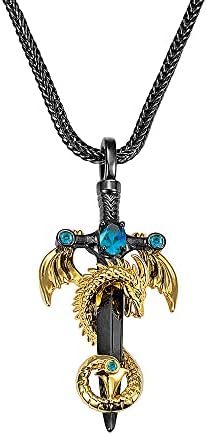 Cherbijou Dragon Sword Necklace Cool Dragon Pendant for Men Copper Punk Dragon Wing Necklace Black Sword and Gloden Dragon Cross Pendant Birthstone Necklace for Boys