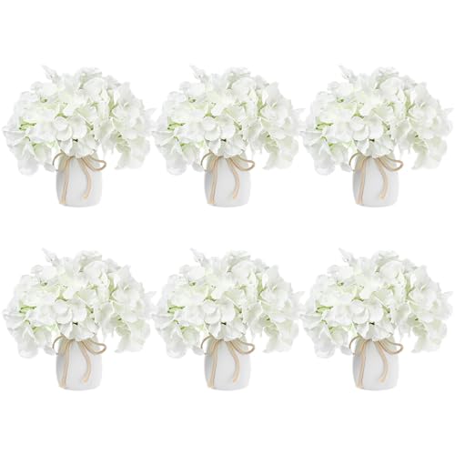 Leinuosen 6 Set Artificial Hydrangea Flowers and Plastic Vases Set Centerpieces Table Decorations Silk Fake Hydrangea Full Flowers Heads with Stems Bulk for Wedding Home Baby Shower (White)