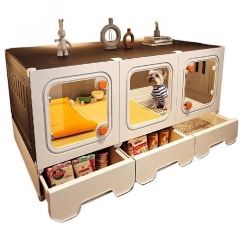 Emidor 大型屋内猫ケージ、屋内猫ヴィラ、透明ドアとノブロック付き猫フェンス、トイレボックスと引き出し収納付き、組み立て簡単、1?2匹の猫に最適、PP樹脂製、洗える (107*47*52cm)