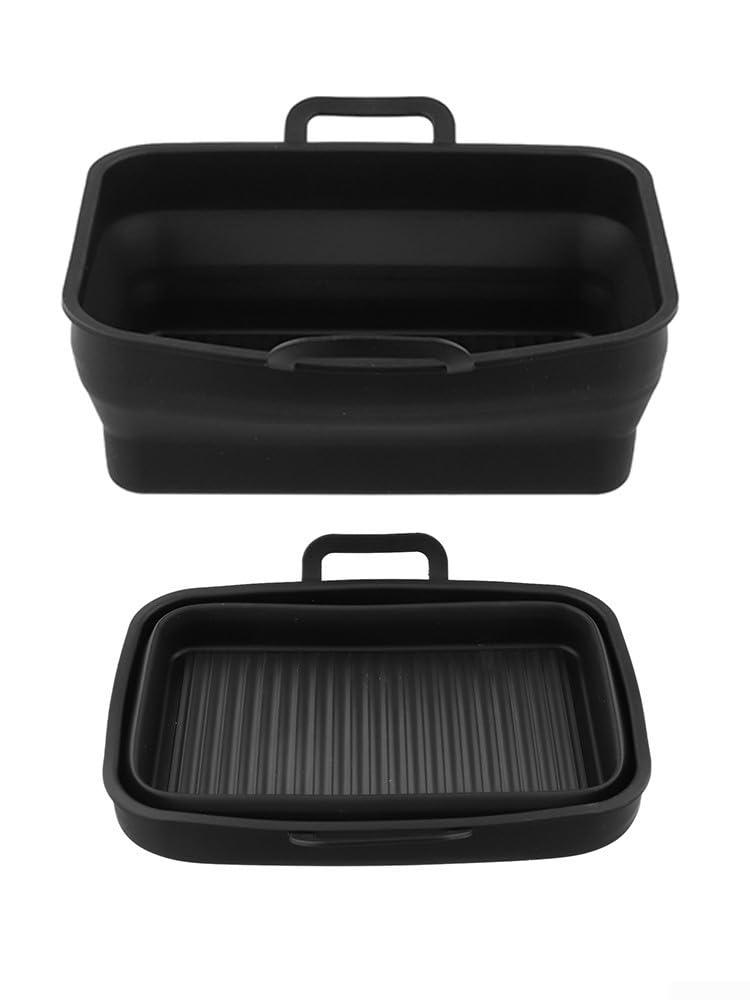 Fodera pieghevole in silicone per friggitrice ad aria 2 pezzi DZ201410 cestino rettangolare inserto separazione dell'olio facile da pulire per cuocere arrostire al vapore (nero)