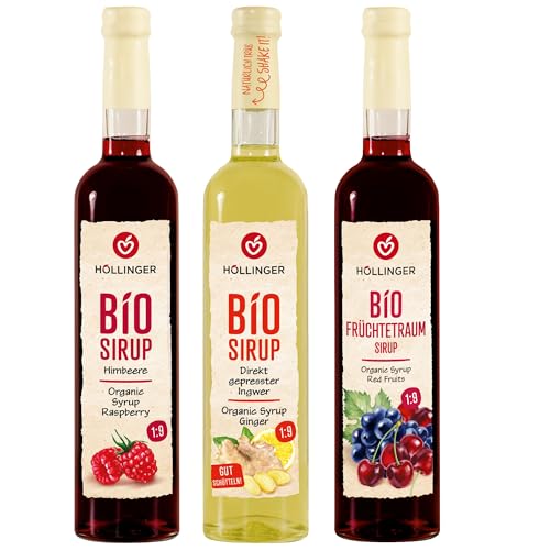 Höllinger Bio Sirup Set, Himbeere, Früchtetraum, Ingwer, Vegane Getränkesirup ohne Konservierungsstoffe, 3 x 500ml Glasflaschen
