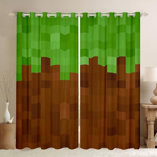 Homemissing Pixel Game Curtain (2 Panels, W46*L54) Green Brown Camo 30%-50% Blackout Shades Cartoon Room Darkening Curtain Microfiber