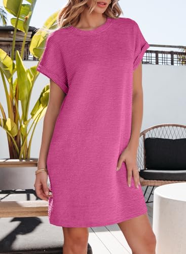 Image of EVALESS Womens Summer Dresses 2026 Fashion Short Sleeve Cute Spring Mini Dress Crewneck Casual Beach Vacation Dresses