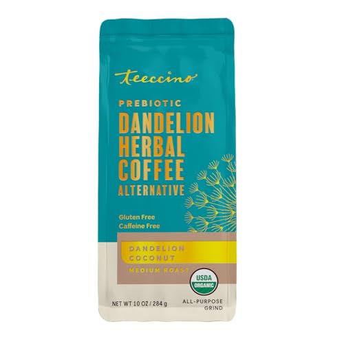 Teeccino Dandelion Coconut Herbal Coffee - Caffeine-Free Coffee Alternative with Prebiotics, Gluten Free, Acid Free - Medium Roast, 10 oz