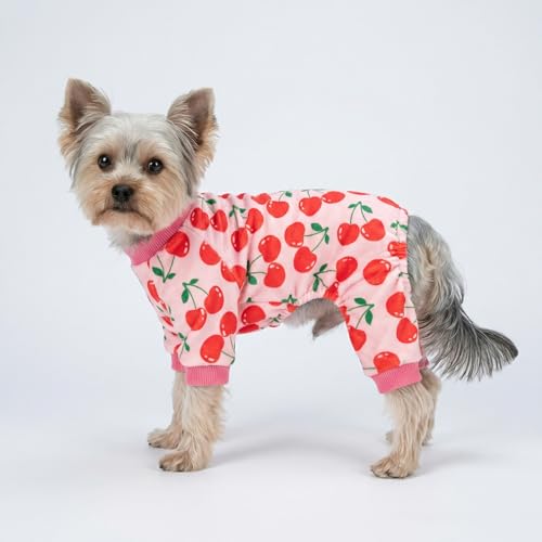 Image of Fitwarm Cute Cherry Dog Pajamas, Warm Dog Onesie with Feet, Dog Clothes for Small Dogs Girl, Fleece Pet Outfit, Pink, Red, XXL