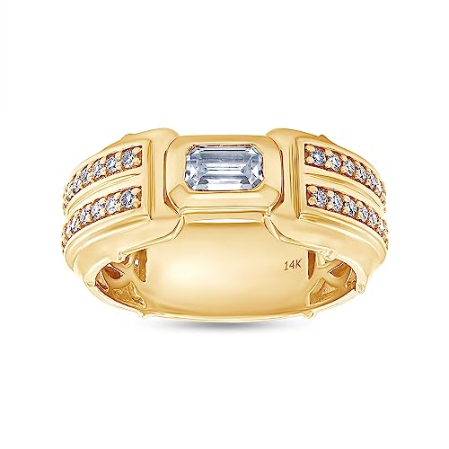 Wishrocks 2/3 Carat Center 5X3MM Emerald & Round Cut Lab Created Moissanite Men's Double Row Wedding Band Ring In 14K Solid Yellow Gold For Men(VVS1 Clarity, 0.66 Cttw)-8.5