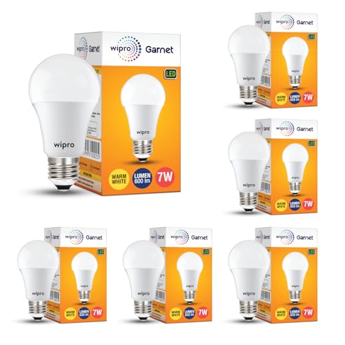 wipro Garnet 7W LED Bulb for Home & Office |Warm White (2700K) | E27 Base|220 degree Light coverage |4Kv Surge Protection |400V High Voltage Protection |Energy Efficient | Pack of 6