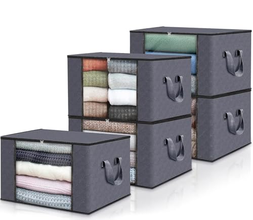 edihome, Cajas Almacenaje Ropa, Bolsas para Guardar Ropa, Organizador Armario, con Asas Reforzadas, Cajas Organizadoras, Fundas de Tela Resistente (Gris oscuro, Pack de 5)