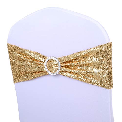ANMINY Pack of 150 All Around Gold Sequin Chair Sashes with Bows Stretchy Spandex Decorative Shiny Sparkly Sash Band for Banquet Chair Cover Romantic Wedding Party Ceremony Home Decoration, Light Gold