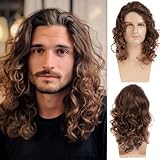 Beweig Brown Wig for Men Long Curly Wavy Synthetic Halloween Costume Party Wig for Male