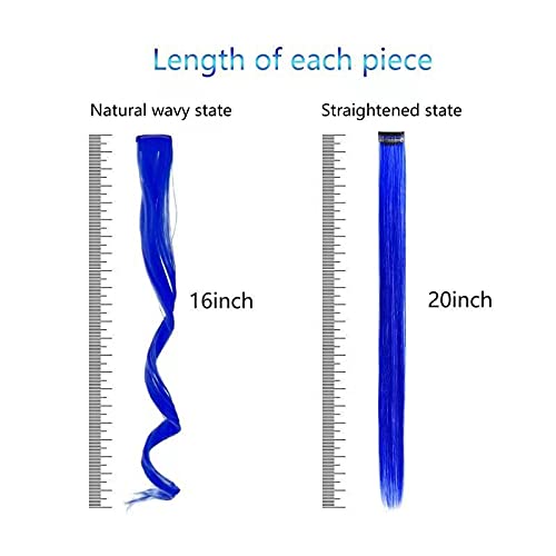 Miniatura 3 de Extensiones de cabello de colores con clip, color azul, 12 piezas con reflejos, para fiestas, para niños, niñas y mujeres, 16 pulgadas, ondulado,