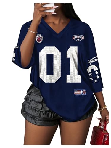 RoseSeek Womens Jersey Shirts Number Graphic V Neck 3/4 Sleeve Football Y2k T Shirts Tops Streetwear Deep Blue M