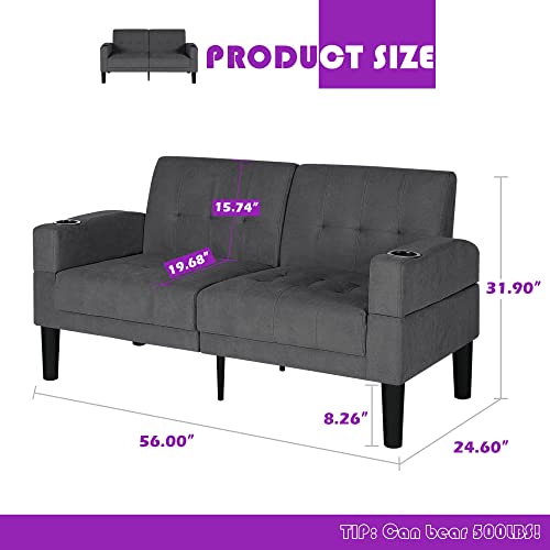 Tyboatle Linen Upholstered Modern Love Seats Sofa With 2 Usb, Fabric Loveseat Furniture W/Removable Armrests, 2 Cup Holders, Suitable For Compact Living Space, Apartment, Dorm (Dark Grey) #TOP2