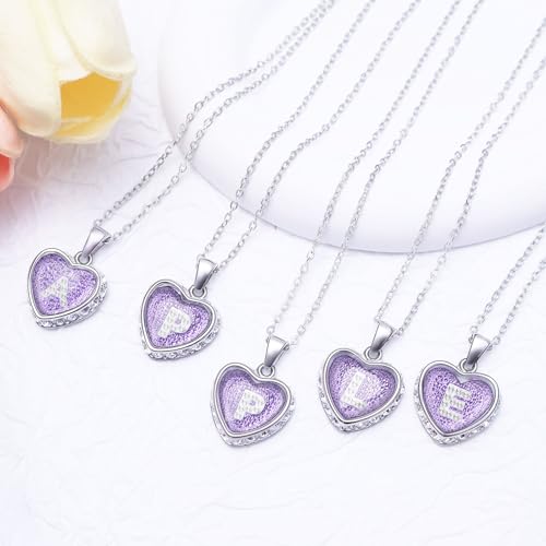 Ahiller Heart Initial Necklace,Crystal Diamond Letter Pendant,19"-21" Adjustable Necklaces for Women Trendy Name Jewelry Purple4