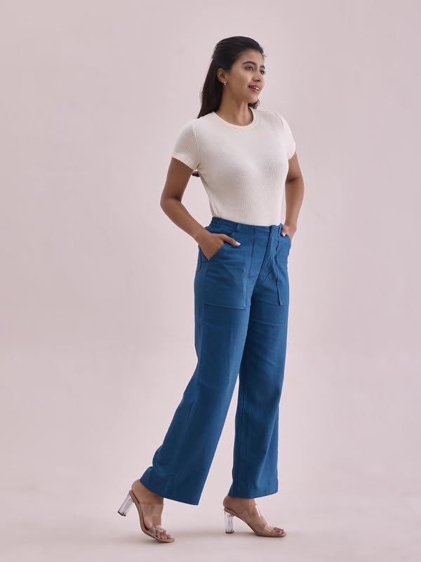 Image of GO COLORS Solid Linen Cargo Pants for Women | Full Length, Mid Rise, Side Pockets