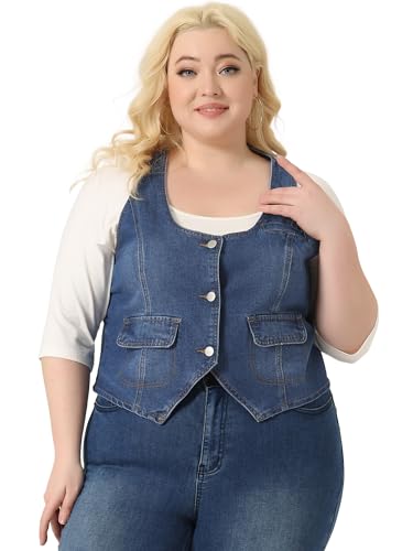 Agnes Orinda Plus Size Denim Jackets for Women Sleeveless Lightweight Button Jean Crop Waistcoat Vests3