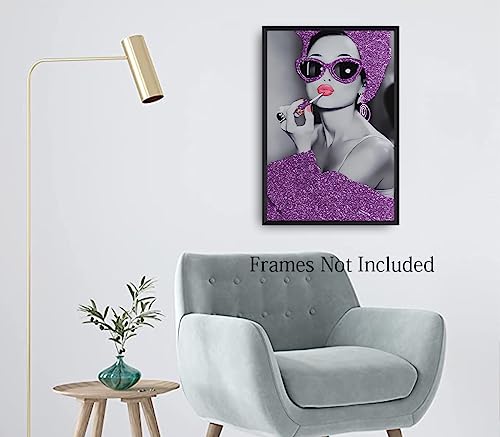 African American Black Woman Purple Glitter Textured Canvas Print Poster,Sparkly Women's Canvas Painting,Fashionable Wall Art Bathroom Decoration Printing And Painting,Modern Women's Fun Art Poster Picture Frameless (16X24 Inch) #TOP4