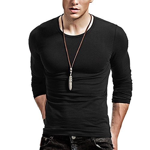 XShing Fitting Men Soft Stretchy Long Sleeves Athletic Muscle Cotton T Shirt,Black,X-Large